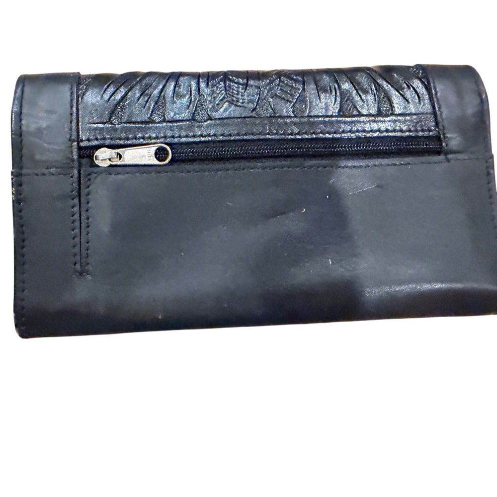 Western Black Leather Trifold Wallet Floral Tooling Turquoise Stone Studded - Picture 2 of 3